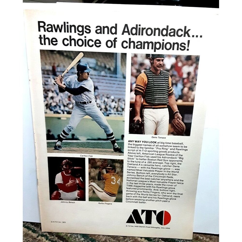 1973 Rawlings and Adirondack Champs Fisk Fingers Bench Tenace vintage print ad